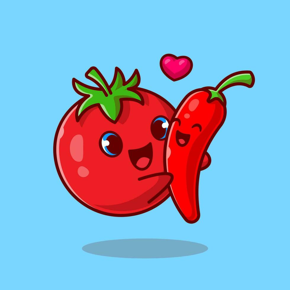 schattig tomaat knuffel Chili paar tekenfilm vector icoon illustratie. groente natuur icoon concept geïsoleerd premie vector. vlak tekenfilm stijl