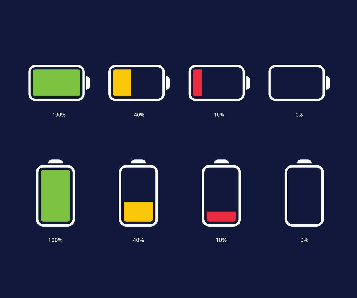 accu vector pictogrammen. accu in rekening brengen niveau. telefoon in rekening brengen indicator. accu macht percentage, van laag naar vol opladen