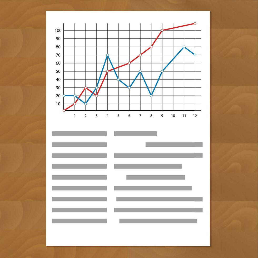 statistieken vergelijken diagram bochten. document papier met kleur lijn, jaar- tijdlijn winst informatie, vector illustratie