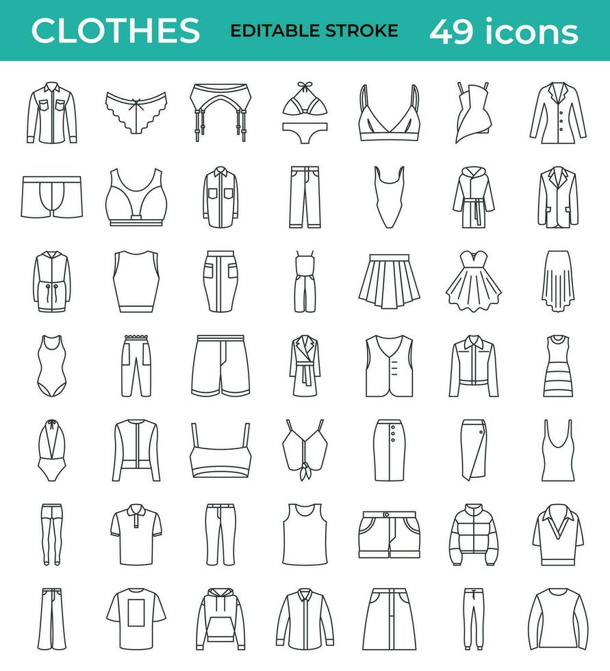 kleding lijn pictogrammen. mode kleren voor Dames. rok, ondergoed, zwemkleding, bovenkant, jurk. lineair icoon reeks met bewerkbare hartinfarct. geïsoleerd 49 vector pictogrammen.