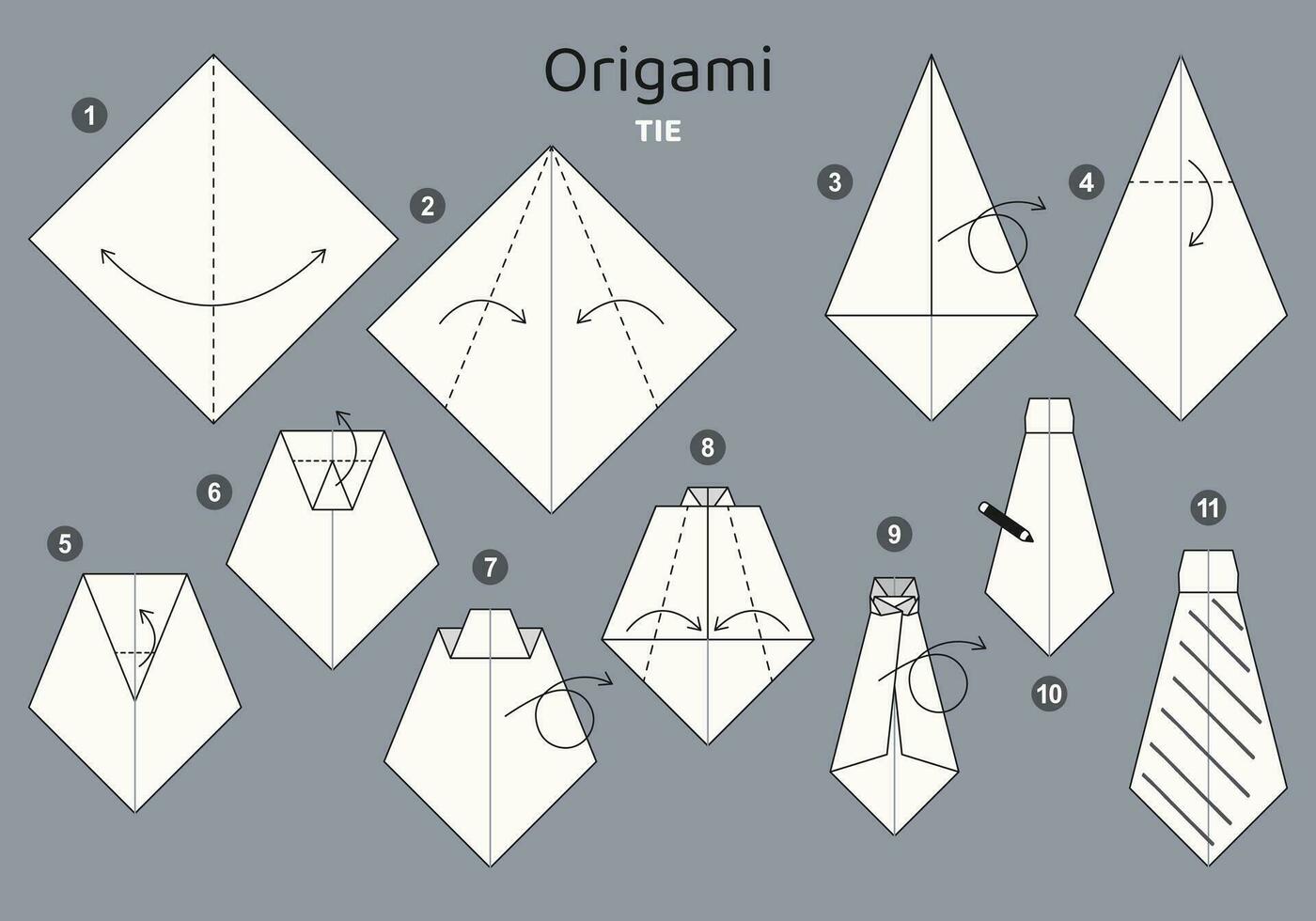 stropdas origami regeling zelfstudie in beweging model- Aan grijs achtergrond. origami voor kinderen. stap door stap hoe naar maken een schattig origami stropdas. vector illustratie.