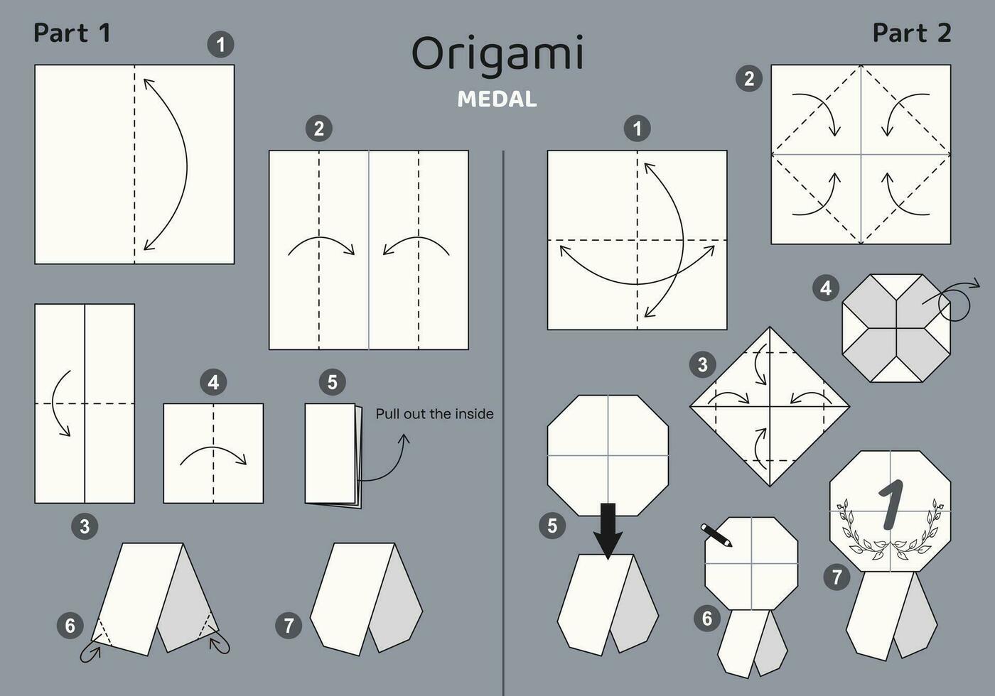 medaille origami regeling zelfstudie in beweging model- Aan grijs achtergrond. origami voor kinderen. stap door stap hoe naar maken een schattig origami medaille. vector illustratie.