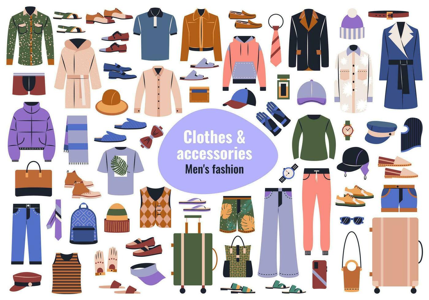 hand- getrokken kleding, schoenen en accessoires voor Heren. groot reeks van ondergoed, schoenen, jassen, truien, hoeden in gewoontjes stijl. vlak grafisch vector illustraties geïsoleerd Aan wit achtergrond