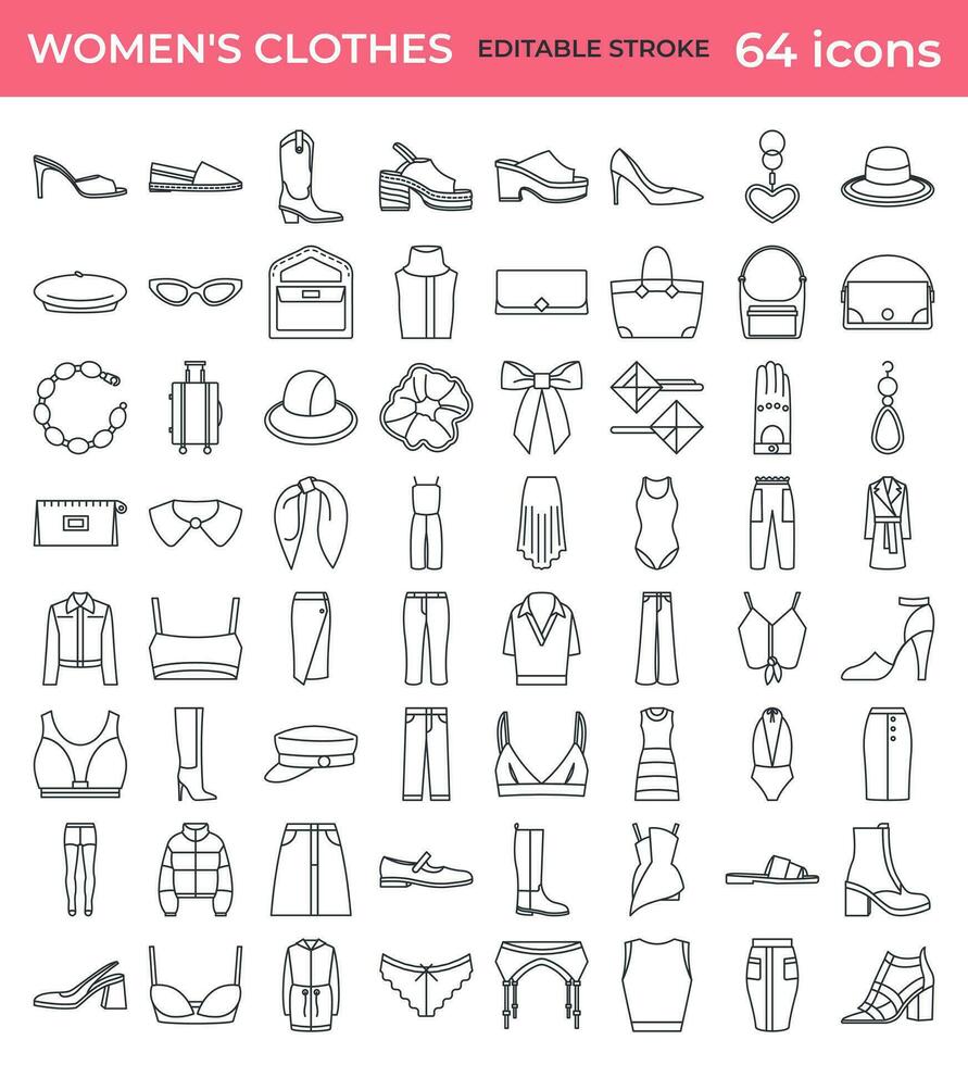 kleding lijn pictogrammen. mode kleren voor Dames. accessoires, schoenen, Tassen, sieraden, ondergoed, zwemkleding, jurk, zonnebril. lineair icoon reeks met bewerkbare hartinfarct. geïsoleerd 64 vector pictogrammen.