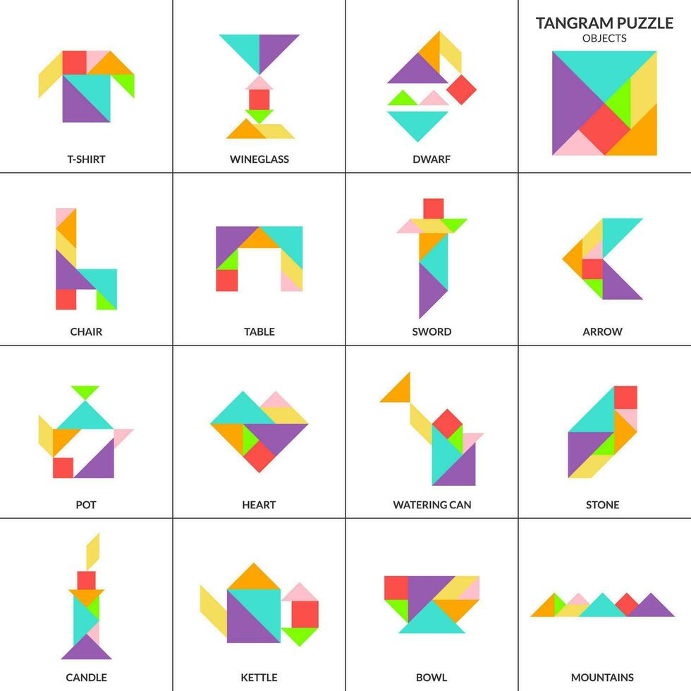 tangram puzzel spel voor kinderen. vector kleurrijk verzameling met divers geïsoleerd voorwerpen. geïsoleerd tangram voorwerpen pictogrammen Aan wit achtergrond. vector illustratie