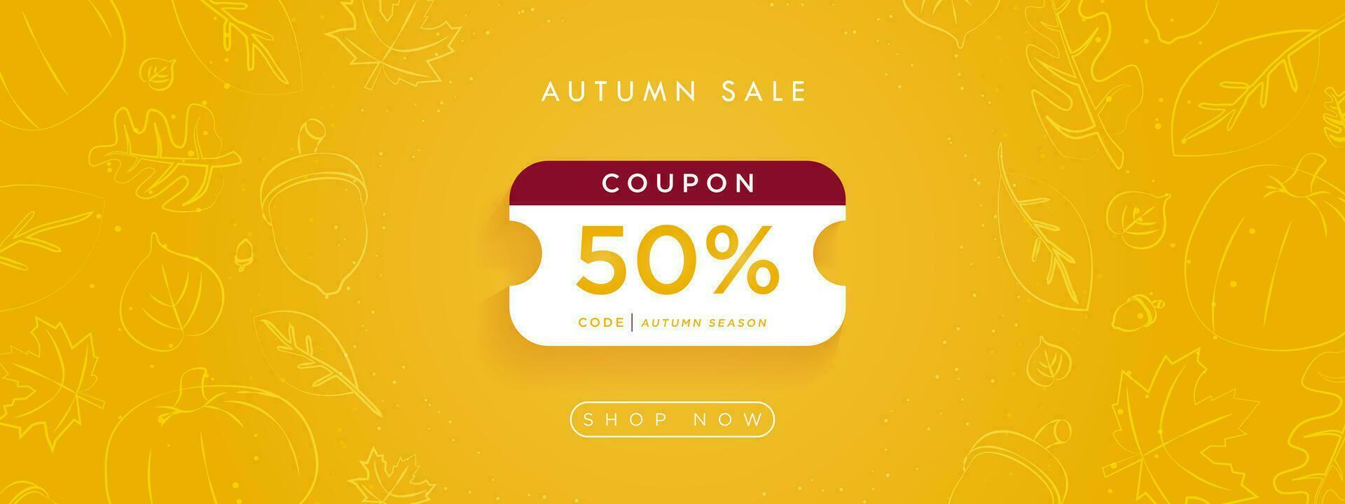 herfst uitverkoop online tegoedbon banier concept Aan oranje helling achtergrond met getrokken bladeren, esdoorn, pompoen, eikels. knal omhoog coupon met ruimte voor code en 50 uit, winkel nu knop. vector illustratie.