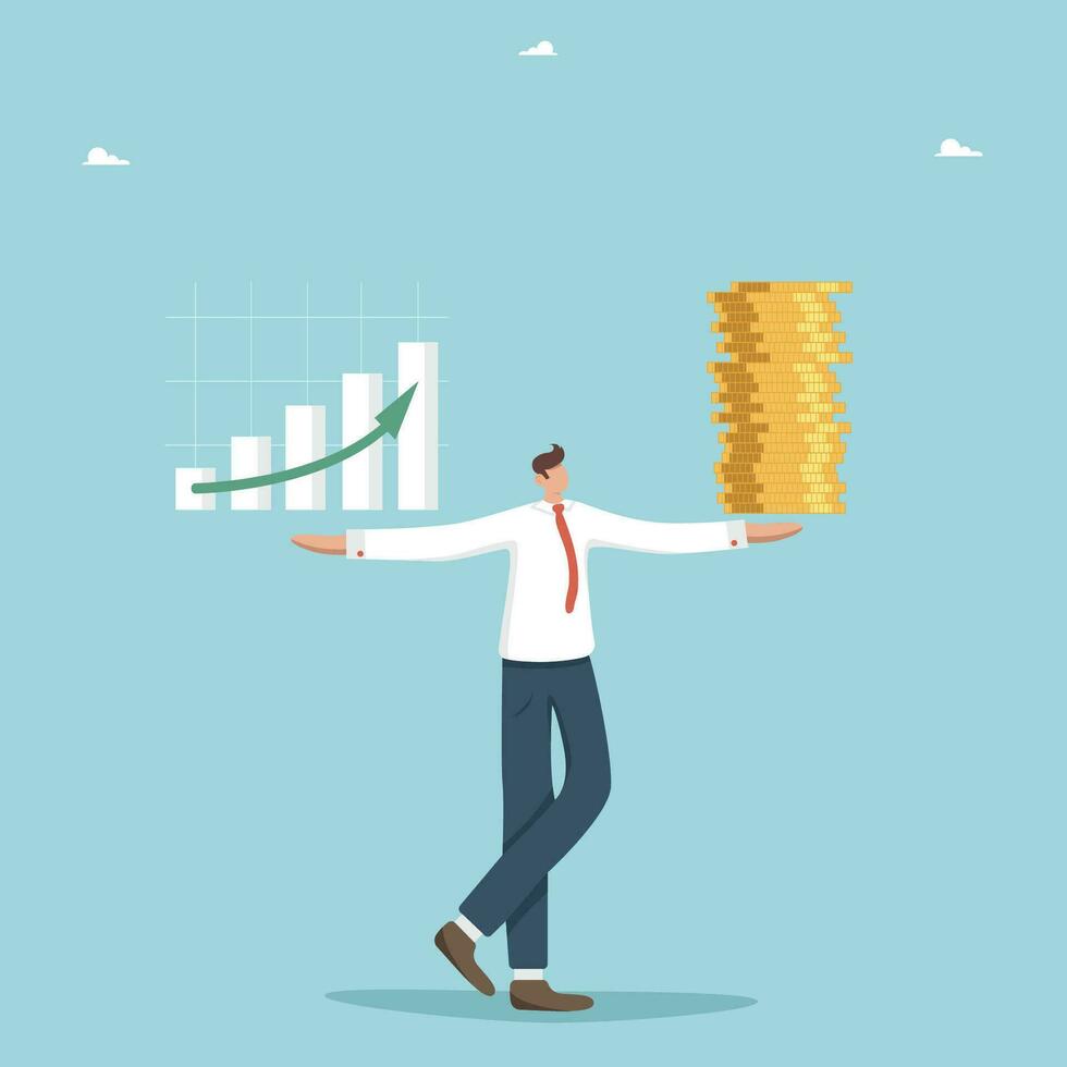 toenemen in investering portefeuille en besparingen, groei in inkomen en loon, financieel en economisch groei, geslaagd beheer van die van jou eigen geld, zakenman houdt in handen groeit diagram en geld. vector