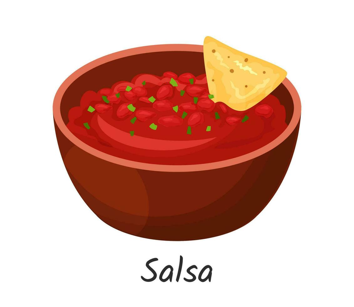 salsa tomaat saus in schaal, bord met rood Plakken. traditioneel Mexicaans keuken saus. bord met tomaat heet Chili pittig tussendoortje. vector illustratie icoon voor menu Aan wit achtergrond