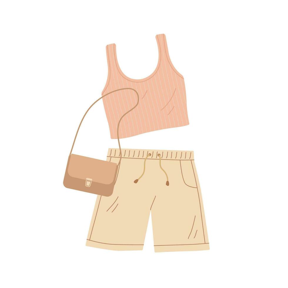 zomer vrouw kleren en medeplichtig vector illustratie. mode Dames korte broek, top en handtas Aan wit achtergrond. reis, vakantie Aan de strand.