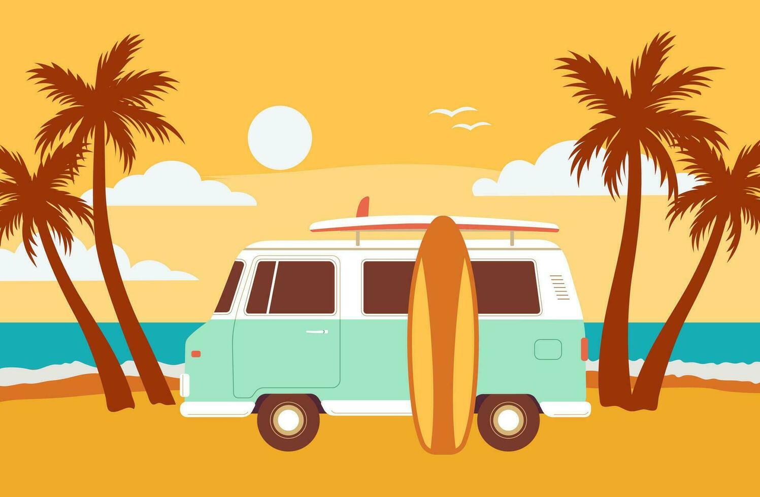 retro mini busje met een surfboard Aan de strand vector illustratie. zomer zee landschap met palm boom. vakantie concept
