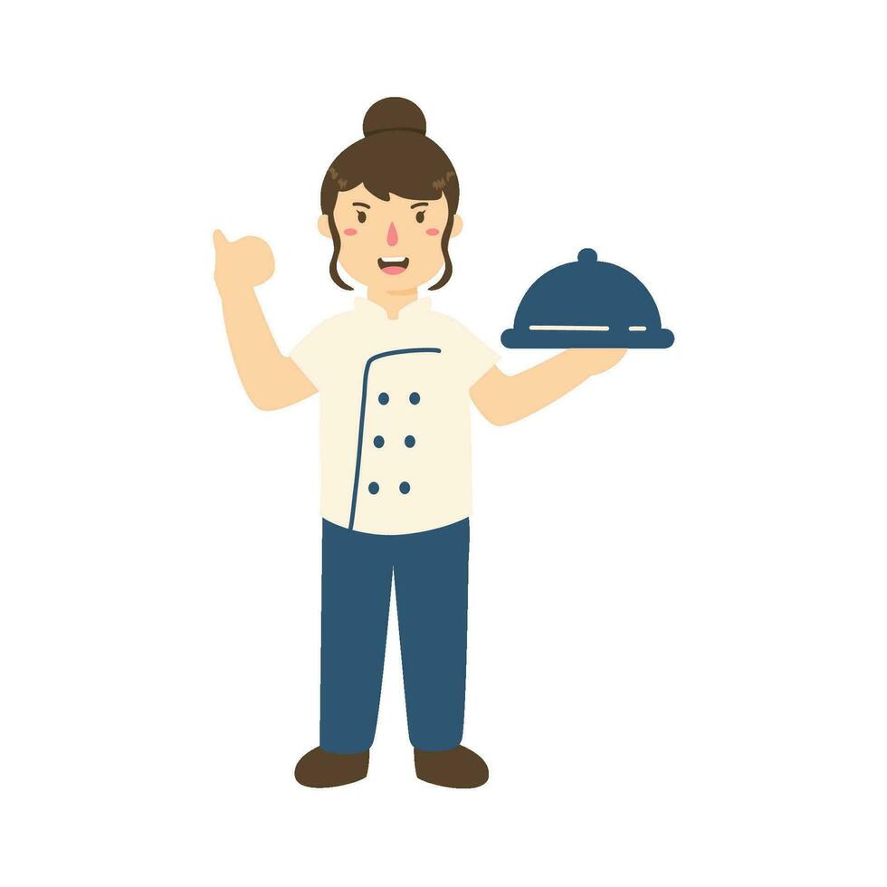 vrouw chef Holding cloche voedsel dienblad vector