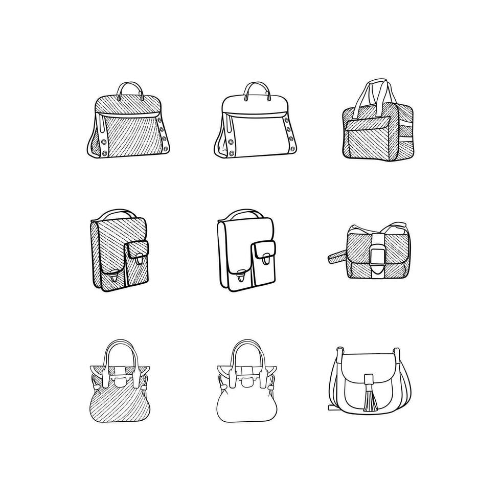 reeks vrouw zak lijn kunst icoon verzameling, vector ontwerp en illustratie sjabloon, logo voor uw bedrijf