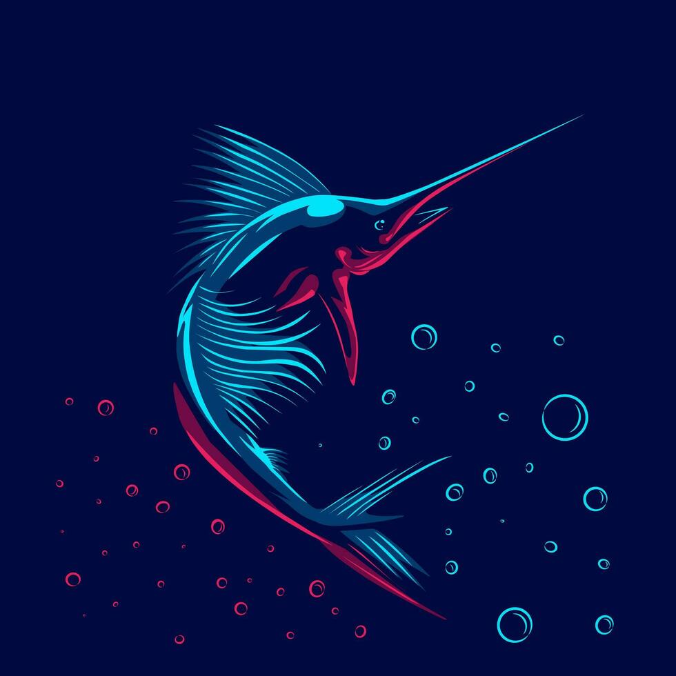 zwart marlijn logo met kleurrijk neon lijn kunst ontwerp met donker achtergrond. abstract onderwater- dier vector illustratie.