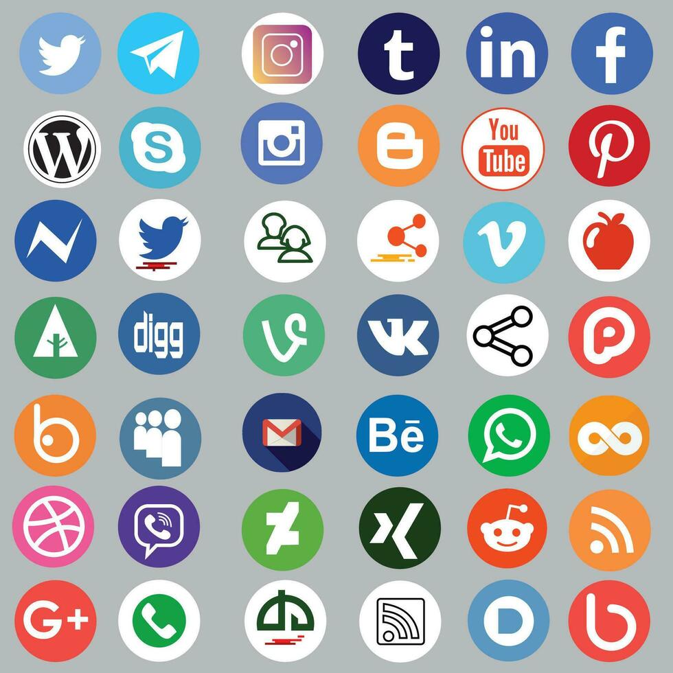 ronde sociaal media pictogrammen of sociaal netwerk logos vlak vector icoon set. icoon reeks van populair sociaal toepassingen met afgeronde hoeken. sociaal media pictogrammen modern ontwerp. vector reeks eps 10