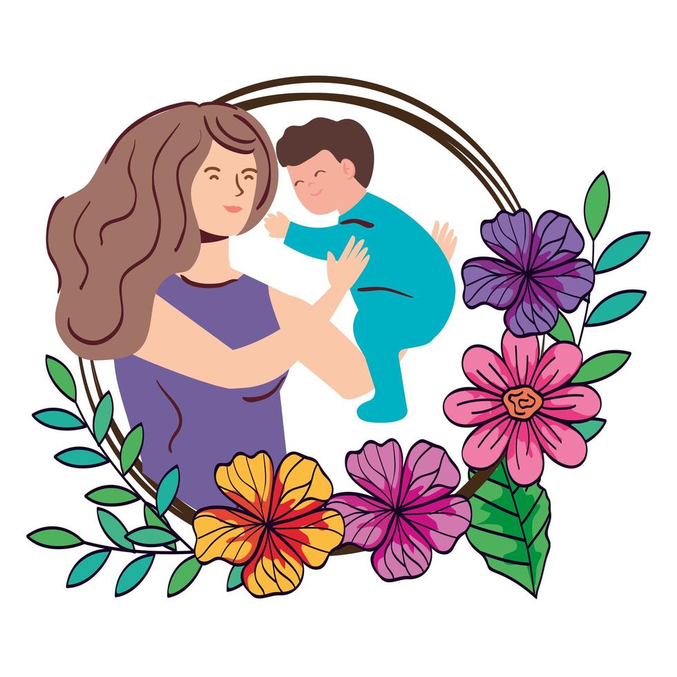 moeder die babyjongen met bloemendecoratie opheft vector