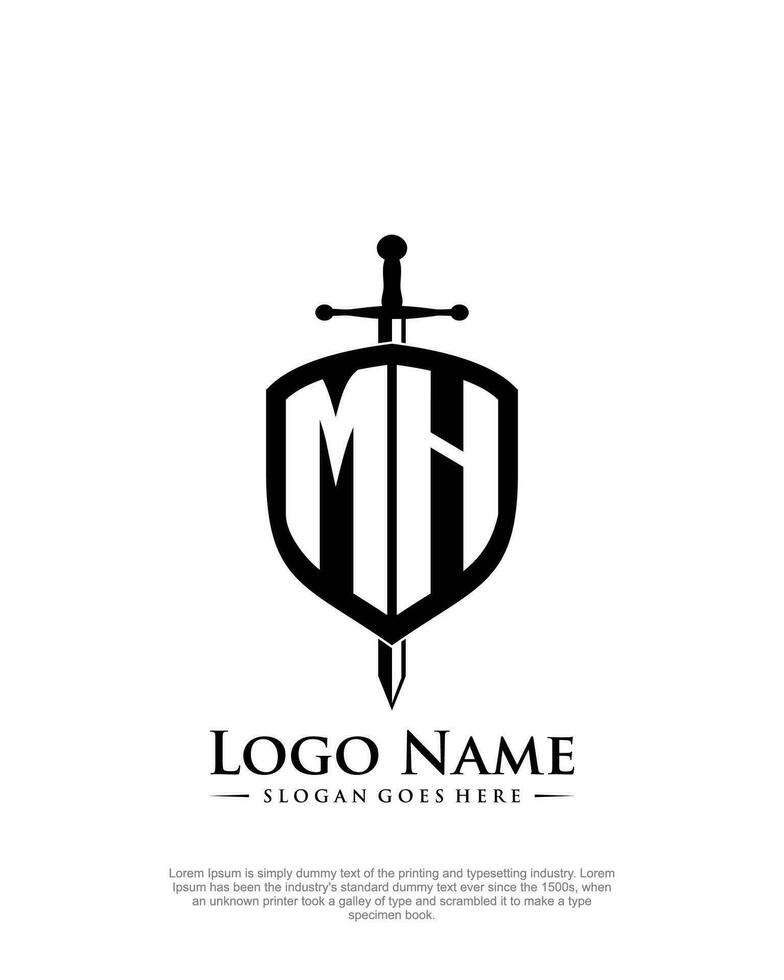 eerste mh brief met schild stijl logo sjabloon vector