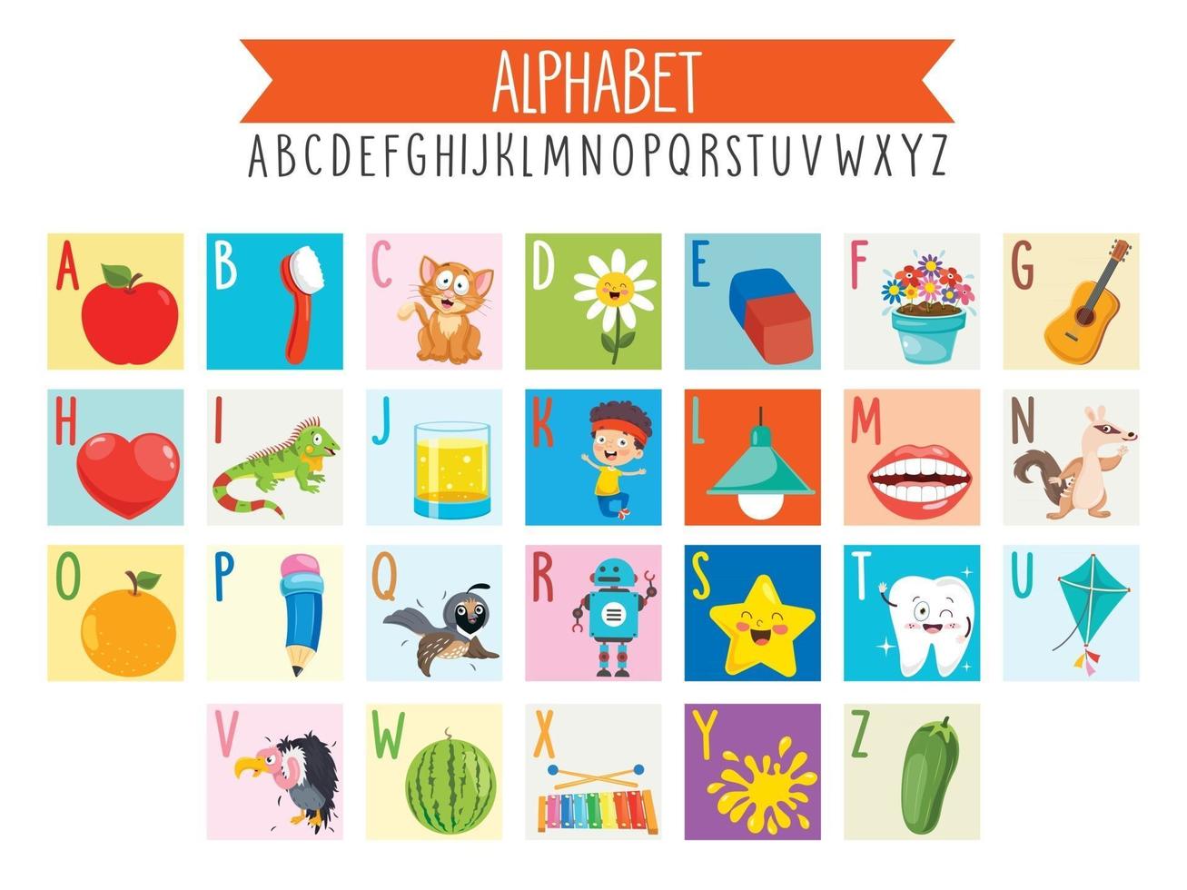 geïllustreerde alfabetletters en tekenfilmobjecten vector
