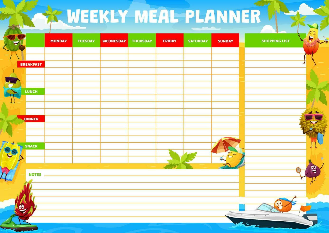 wekelijks maaltijd planner, tekenfilm fruit, zomer strand vector