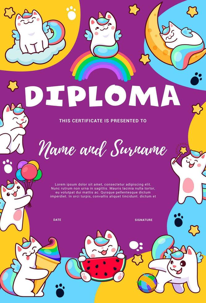 kinderen diploma, tekenfilm schattig caticorn katten, kittens vector