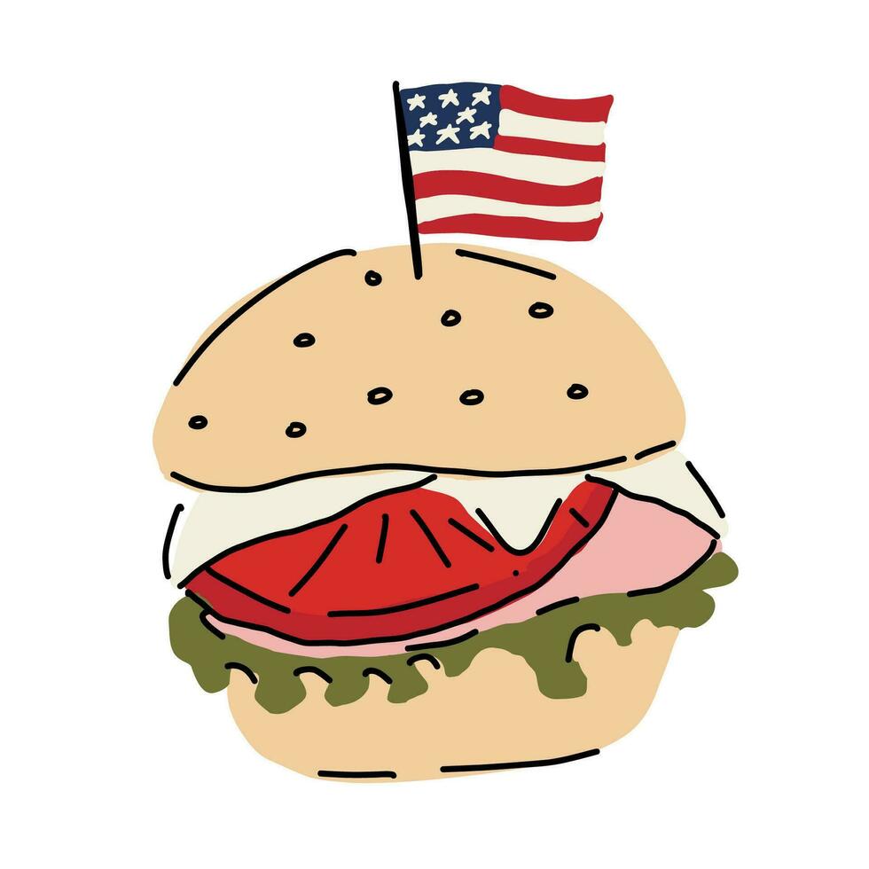 de 4e van juli vector illustratie met Hamburger en Amerikaans vlag.