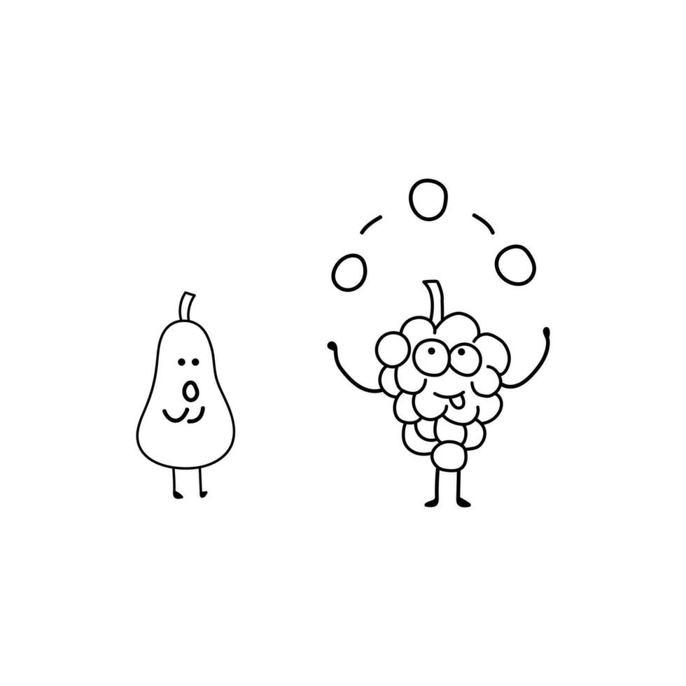 hand- getrokken kinderen tekening stijl grappig fruit druiven jongleren met Peer aan het kijken het in een tekenfilm stijl vector