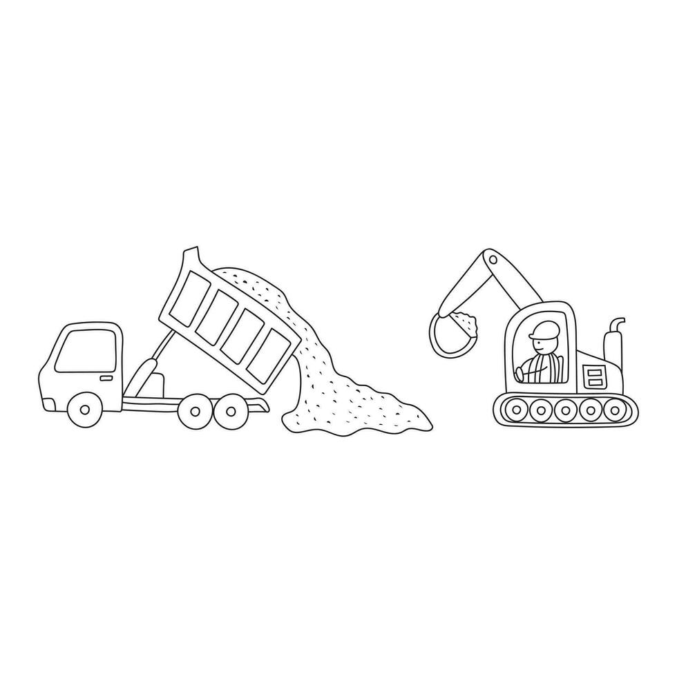 hand- getrokken vector illustratie kinderen tekening van bouw voertuigen, dump vrachtauto lossen grind en graafmachine baggeren hen. bouw plaats werkplaats in een tekenfilm stijl