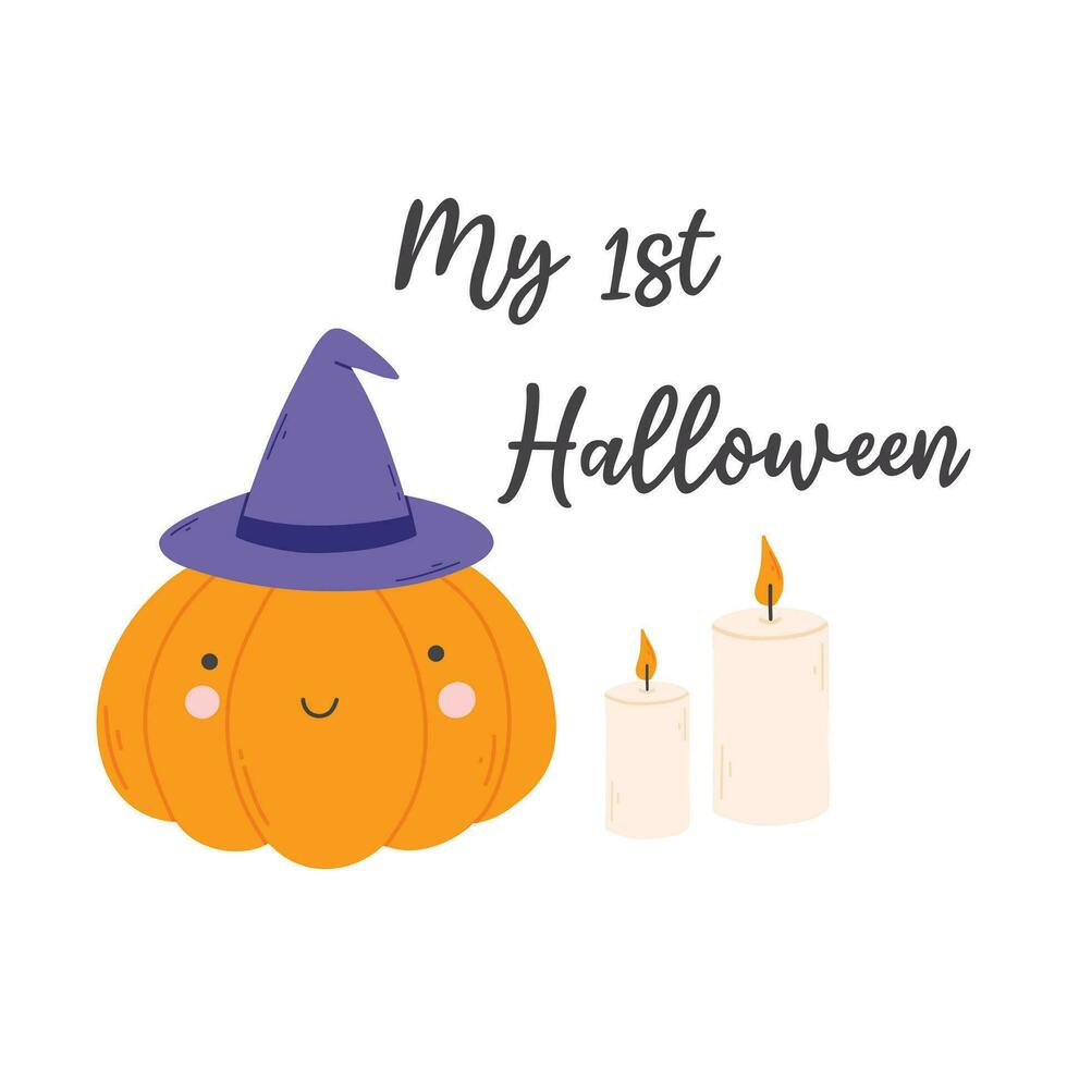 mijn eerste halloween baby afdrukken voor halloween. vector illustratie geïsoleerd Aan wit achtergrond. kinderen afdrukken met pompoen en belettering.