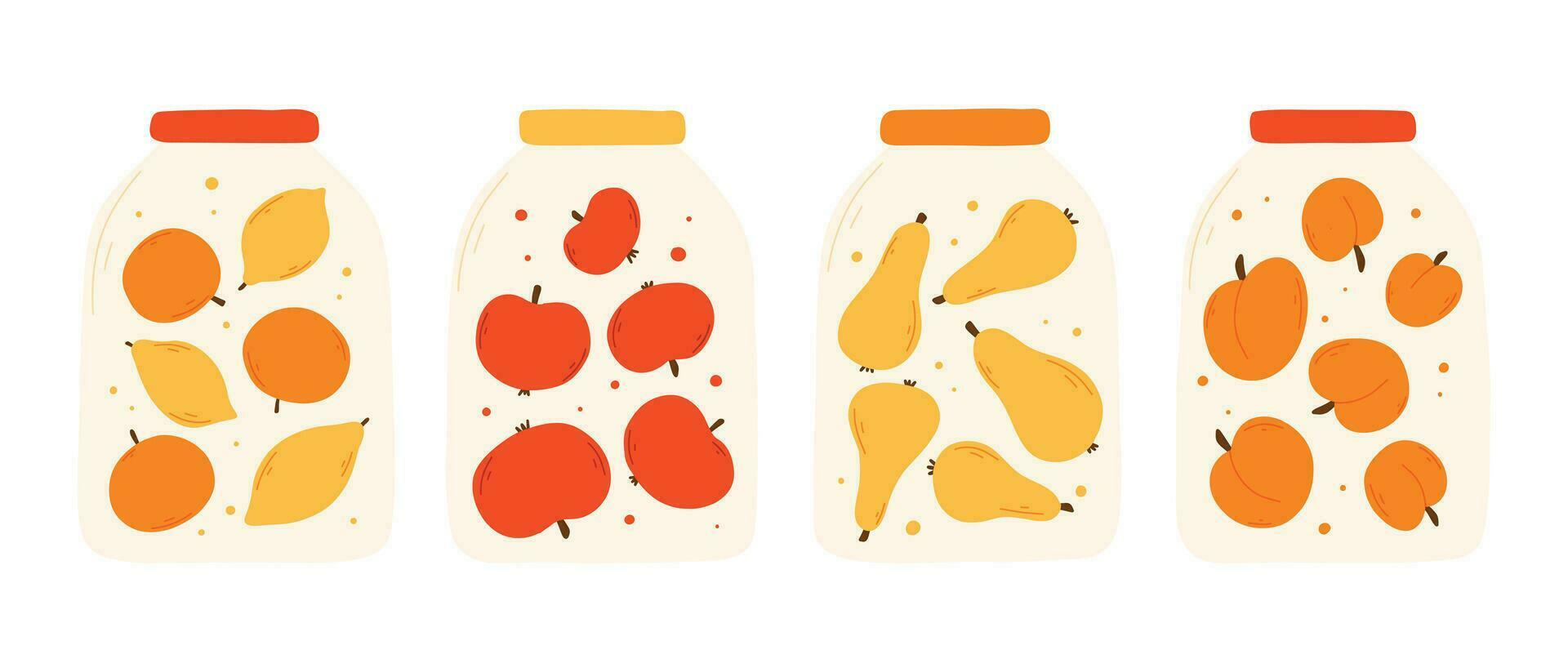 een reeks van potten met eigengemaakt jam. vector illustratie in een vlak stijl. hand- getrokken eigengemaakt fruit marmelade. verzameling van fruit jam appel, Peer, citrus.