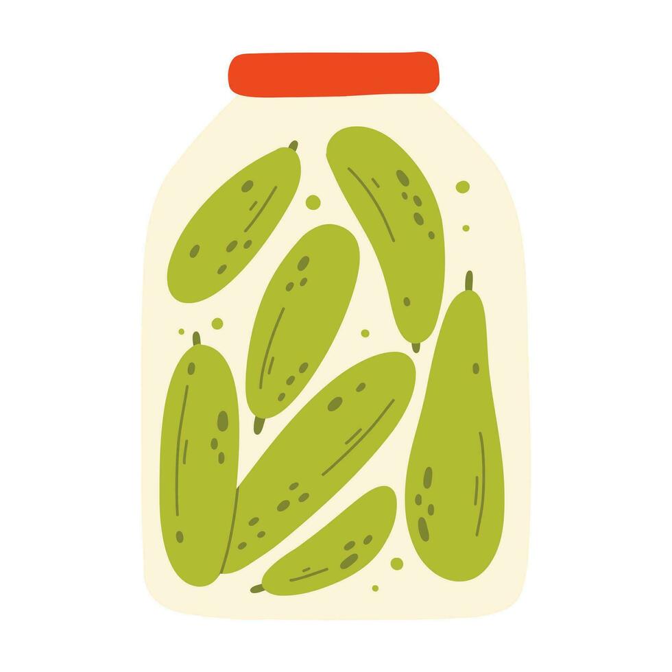 een pot van ingeblikt komkommer. vector illustratie van eigengemaakt augurk. vlak stijl. hand getekend pot met ingeblikt groenten.