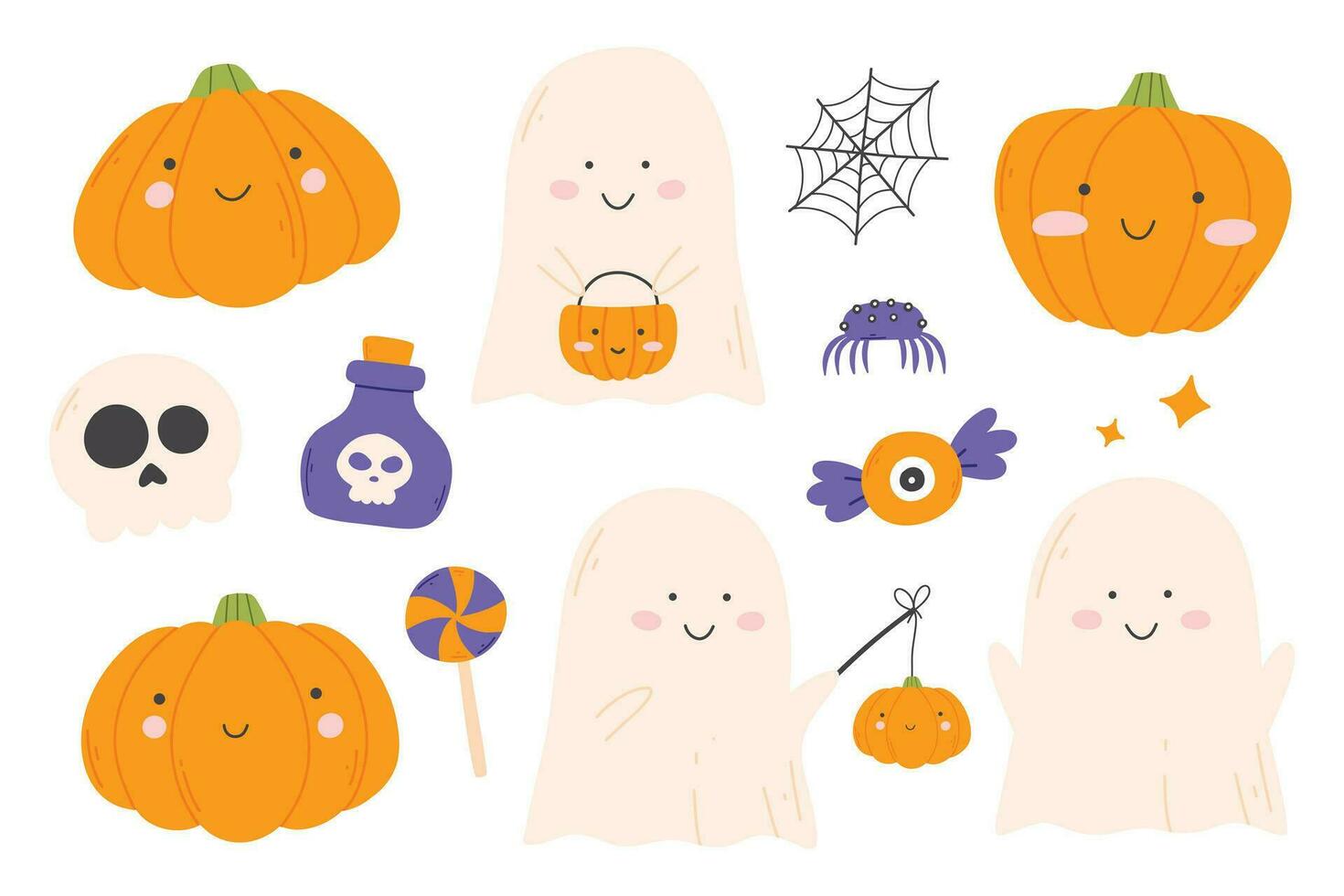 schattig kinderen reeks voor halloween. verzameling van kinderen geesten en pompoenen. vector illustratie in een vlak stijl. halloween schattig karakters.