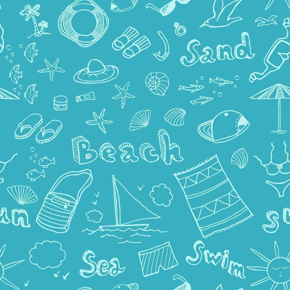 naadloos patroon hand- tekeningen van strand accessoires. de symbool van een vakantie door de zee. vector illustratie.