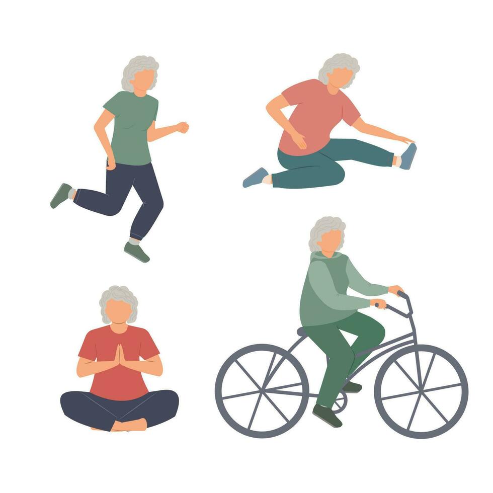 ouderen dame aan het doen sport- buitenshuis. sport, vrije tijd voor senior mensen. actief oud leeftijd. een reeks van vector illustraties