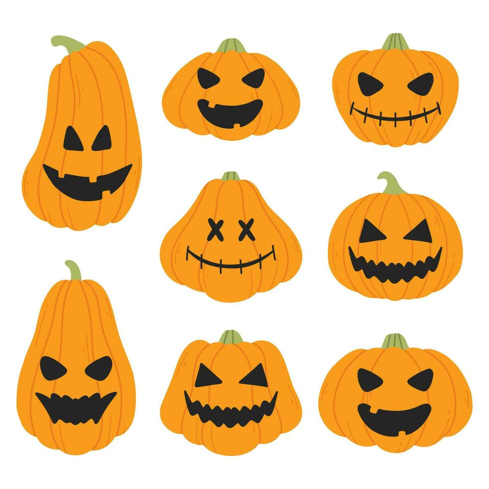 reeks van halloween pompoenen. vector illustratie. vlak stijl. verzameling van pompoenen voor halloween. griezelig pompoenen.