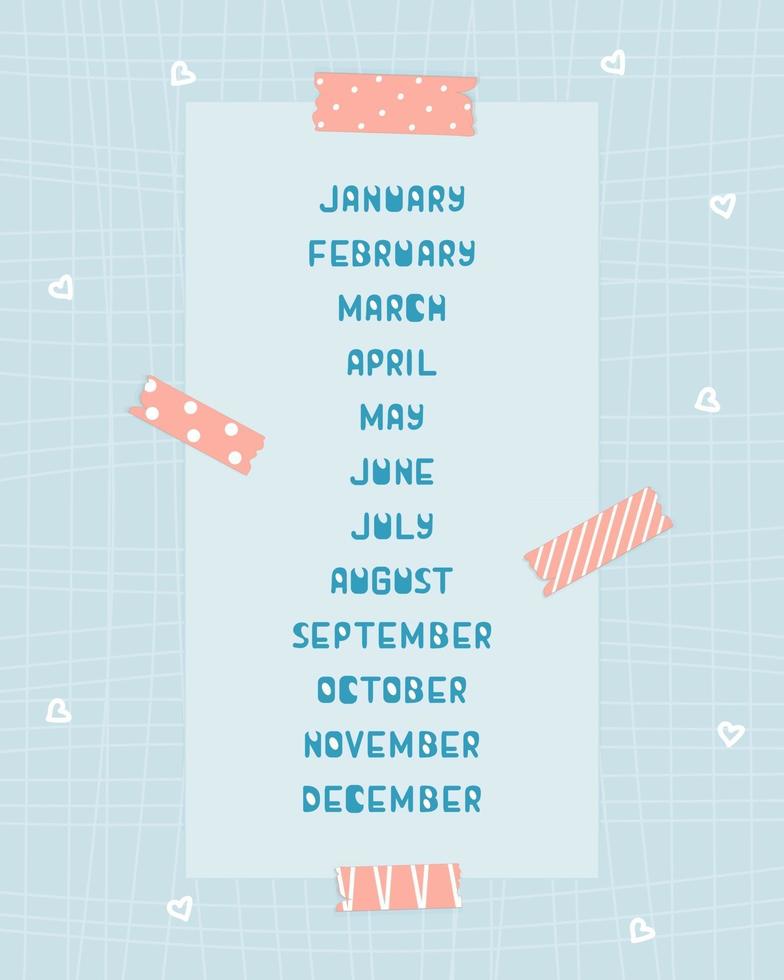 blauwe en witte maanden van januari tot december op blauwe achtergrond met roze washi-tape en patroonpapier met lijnen en harten voor kalender of planner vector