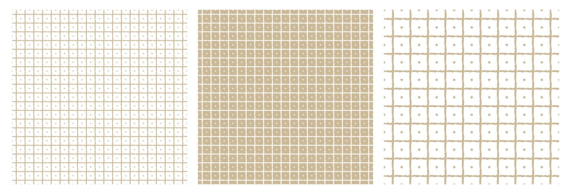 een set van drie beige en witte geometrische patronen, abstracte vierkanten en stippen binnen alle lijnen zijn vervormd vector