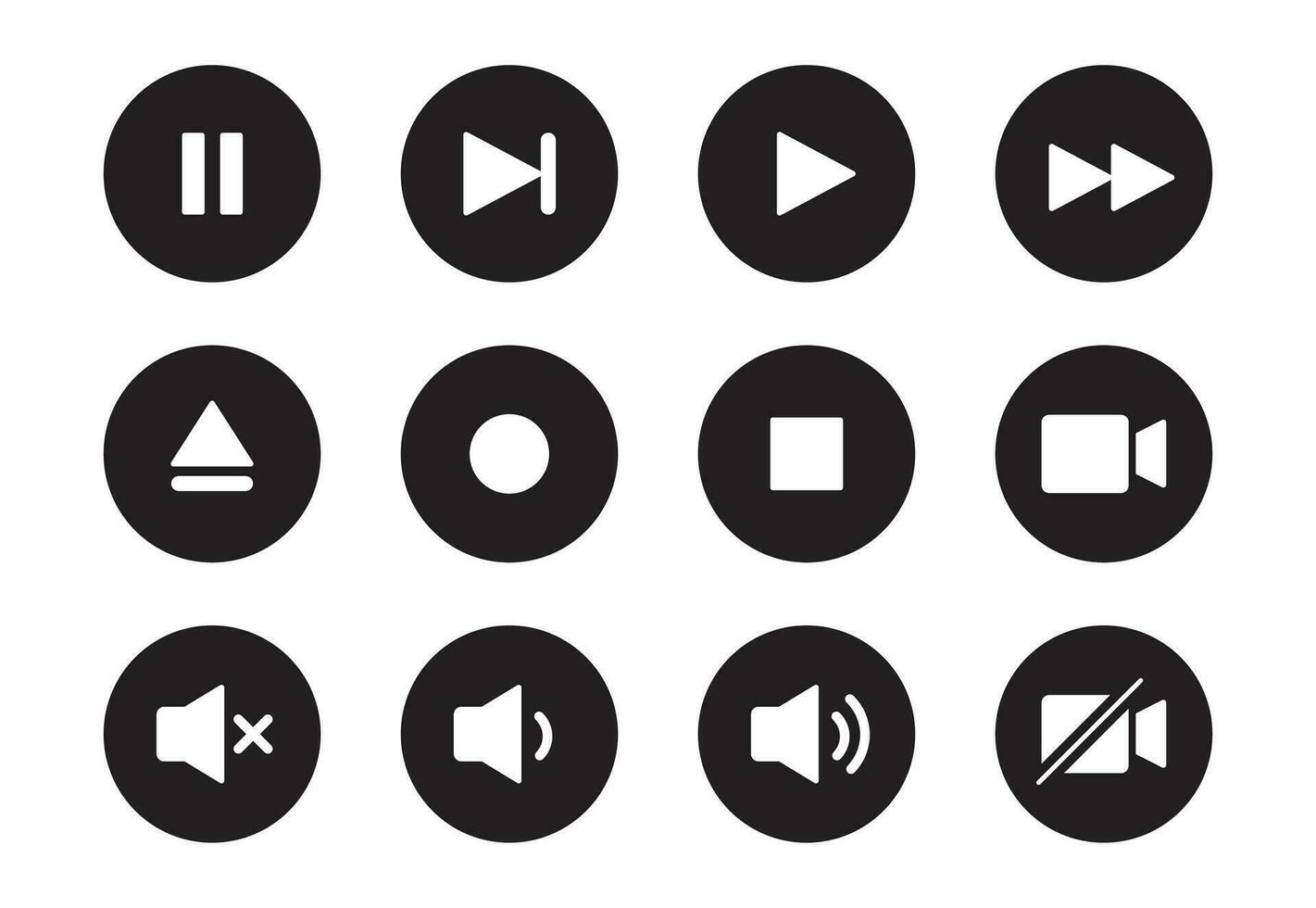 geluid, video, muziek- speler knop icoon. geluid controle, Speel, pauze knop solide icoon set. camera, media controle, microfoon koppel pictogram. vector