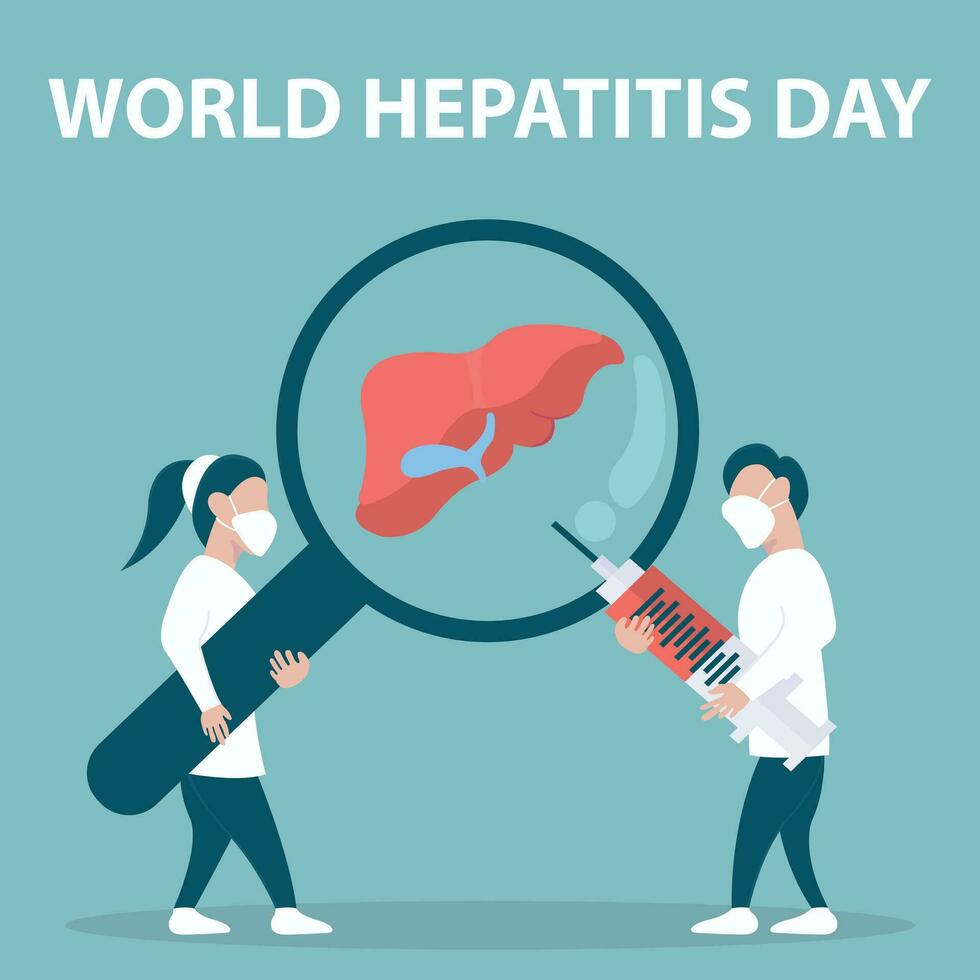 illustratie vector grafisch van een paar van verpleegsters zijn gebruik makend van een vergroten glas naar observeren een virus aangetast lever, perfect voor Internationale dag, wereld hepatitis dag, vieren, groet kaart, enz.