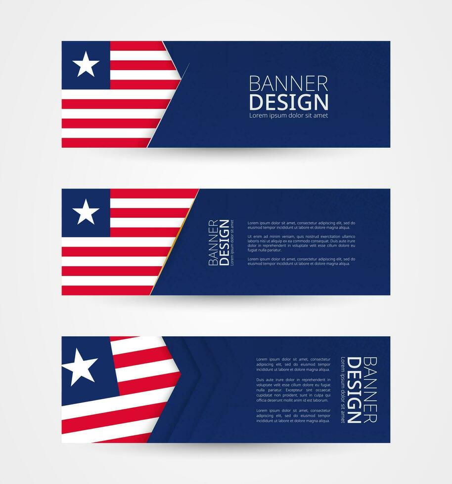 reeks van drie horizontaal banners met vlag van Liberia. web banier ontwerp sjabloon in kleur van Liberia vlag. vector
