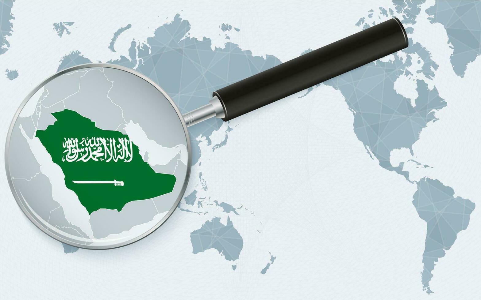 Azië gecentreerd wereld kaart met uitvergroot glas Aan saudi Arabië. focus Aan kaart van saudi Arabië Aan vreedzaam centraal wereld kaart. vector