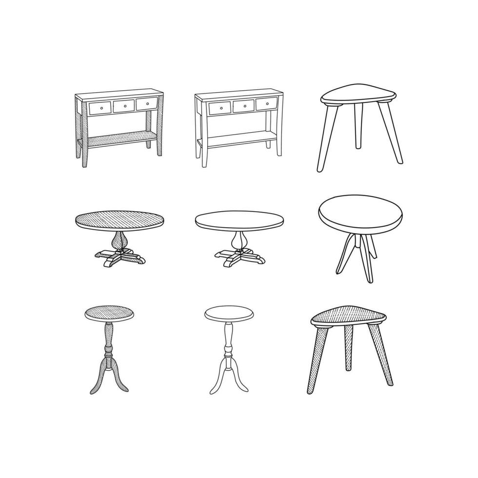 meubilair reeks van tafel lijn kunst verzameling, wijnoogst logo illustratie ontwerp sjabloon, modern gemakkelijk minimalistische vector concept.