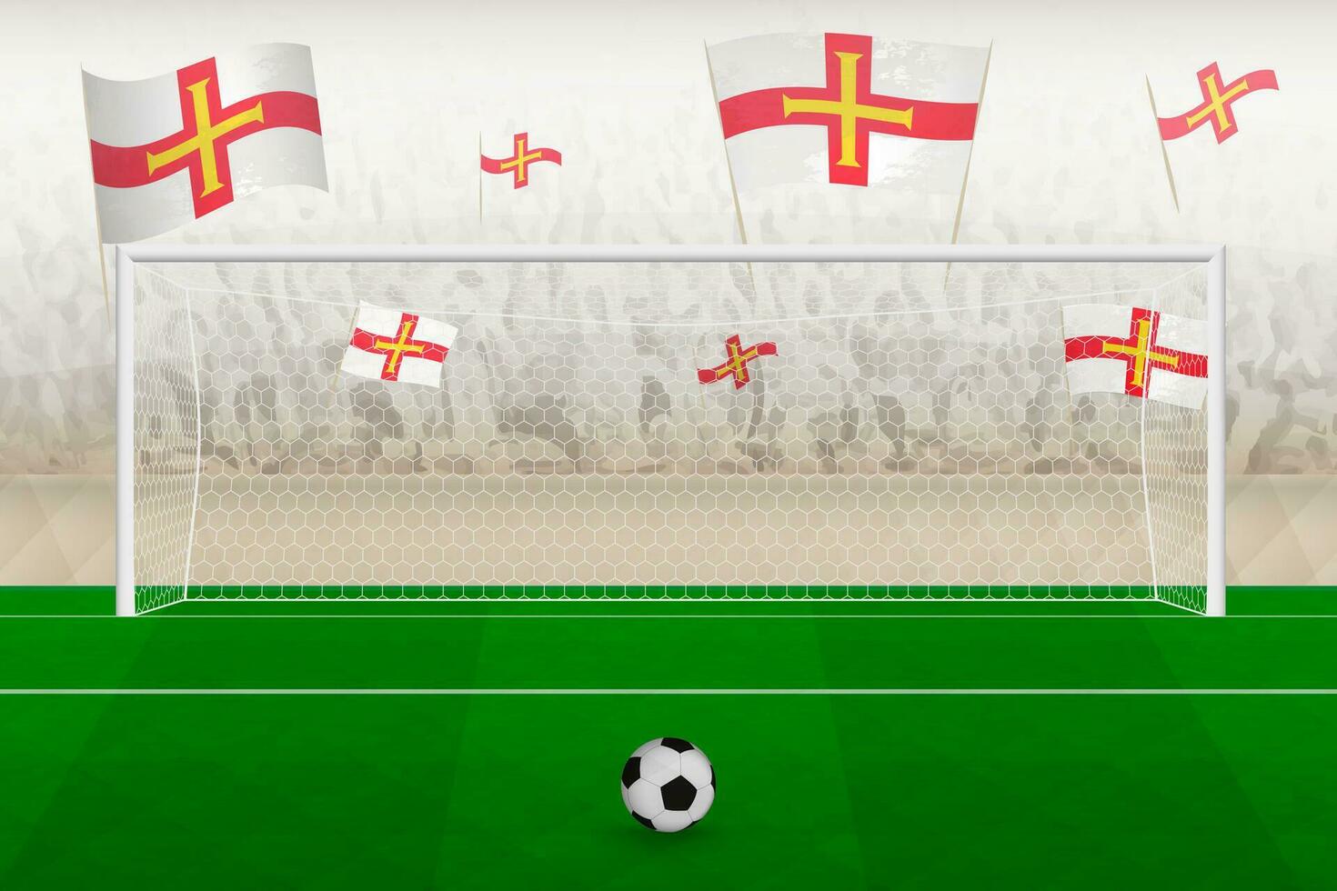 Guernsey Amerikaans voetbal team fans met vlaggen van Guernsey juichen Aan stadion, straf trap concept in een voetbal wedstrijd. vector