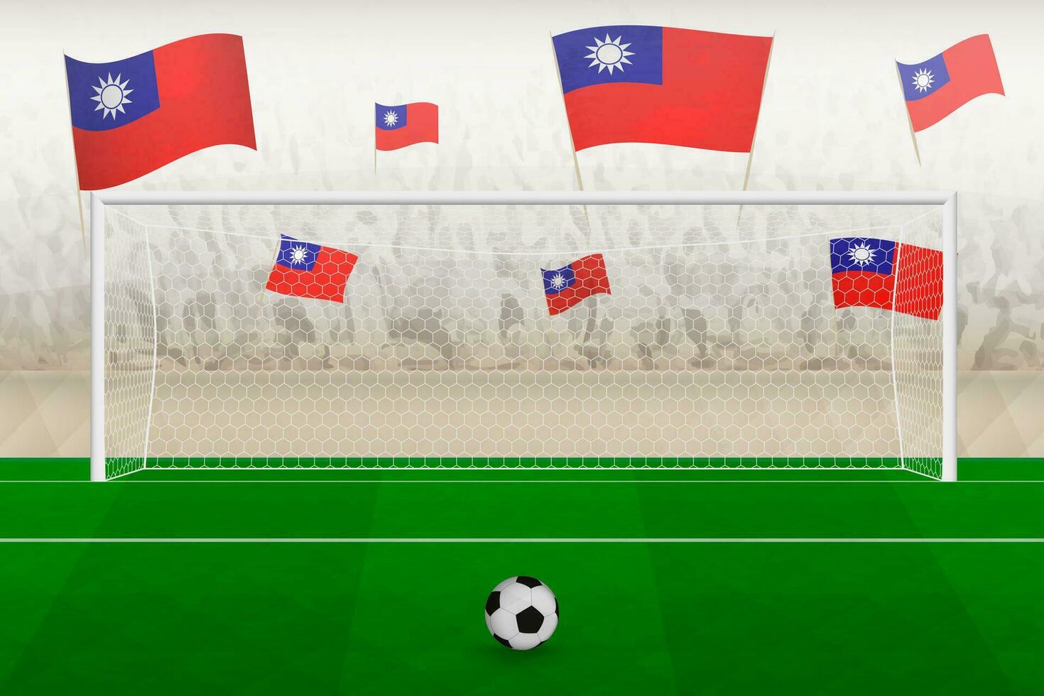 Taiwan Amerikaans voetbal team fans met vlaggen van Taiwan juichen Aan stadion, straf trap concept in een voetbal wedstrijd. vector