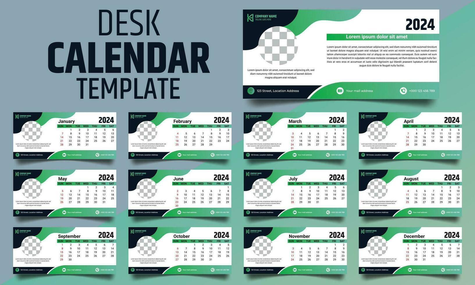 creatief bureau kalender ontwerp voor 2024. week begint Aan zondag en 12 maanden van ontwerp zijn inbegrepen. een professioneel en geschikt sjabloon voor de bedrijf vector