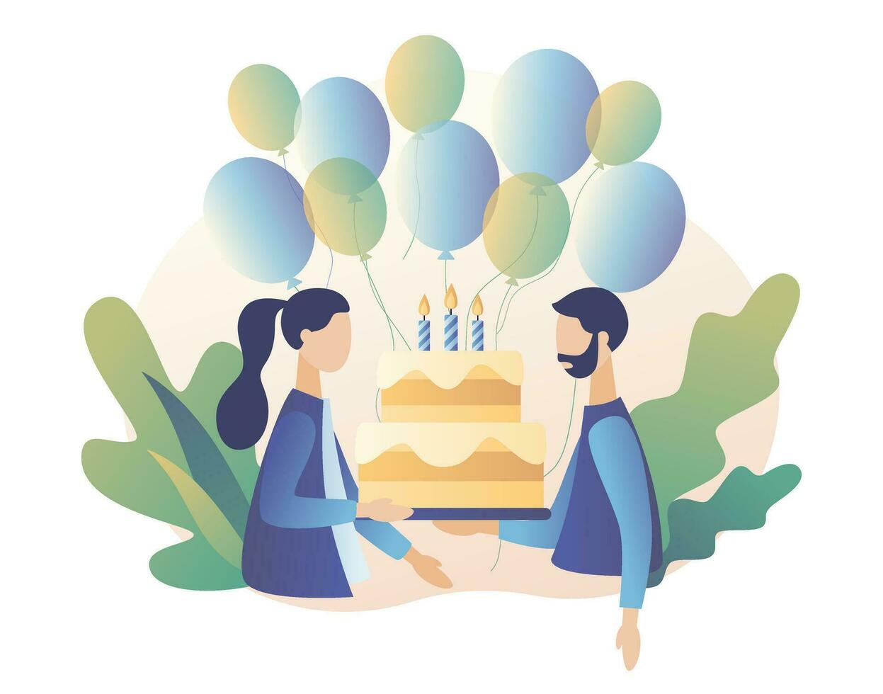 gelukkig verjaardag concept. vent en meisje met verjaardag taart. modern vlak tekenfilm stijl. vector illustratie