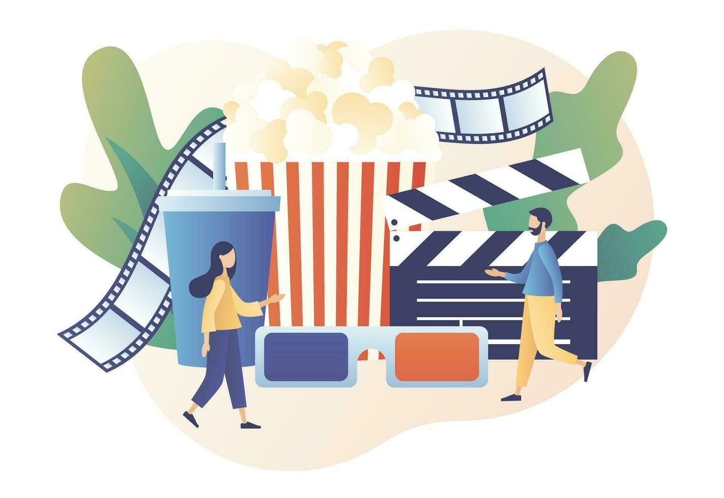 online bioscoop. mobiel film theater. cinematografie. klein mensen aan het kijken film met popcorn, 3d bril en video attributen. modern vlak tekenfilm stijl. vector illustratie Aan wit achtergrond