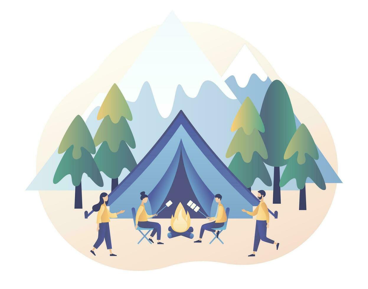 klein mensen in zomer kamp met tent, kampvuur, bergen en Woud. camping concept. natuur toerisme. modern vlak tekenfilm stijl. vector illustratie Aan wit achtergrond