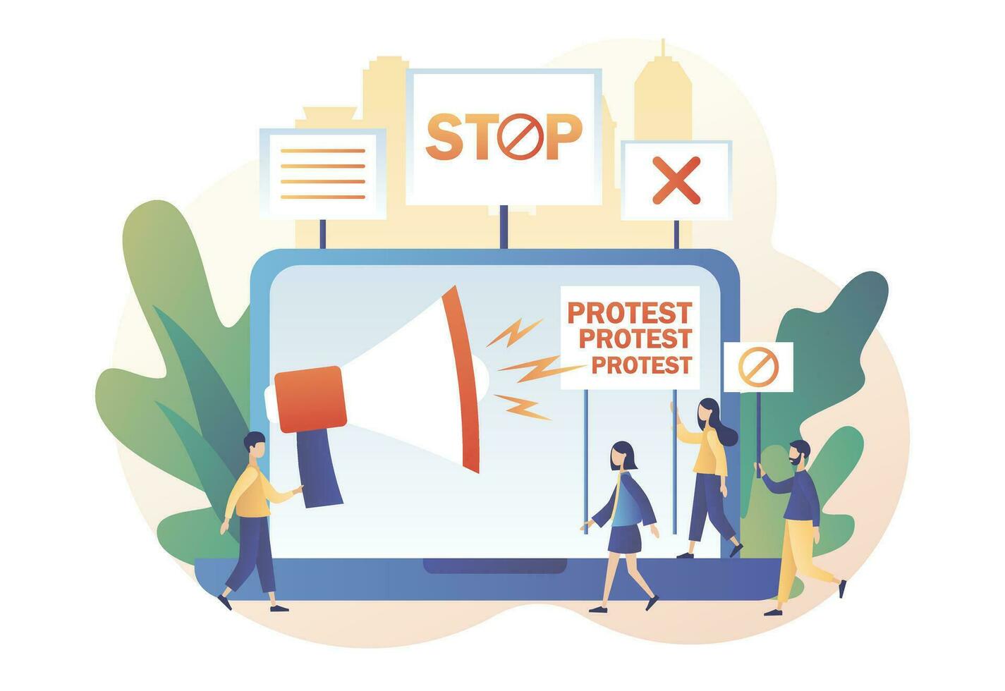 online protest en sociaal werkzaamheid concept. klein mensen demonstranten, Holding spandoeken, plakkaten en megafoons. optocht, politiek vergadering of rally. modern vlak tekenfilm stijl. vector illustratie