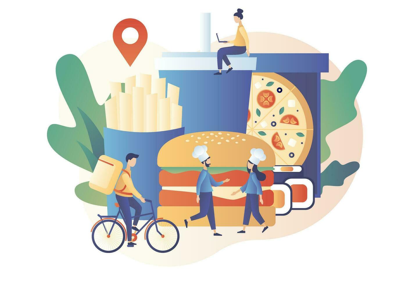 voedsel levering onderhoud. klein mensen bestellen voedsel online. koks en koerier bereiden voedsel naar bestellen. pizza, hamburger, Frans Patat, sushi. modern vlak tekenfilm stijl. vector illustratie Aan wit achtergrond