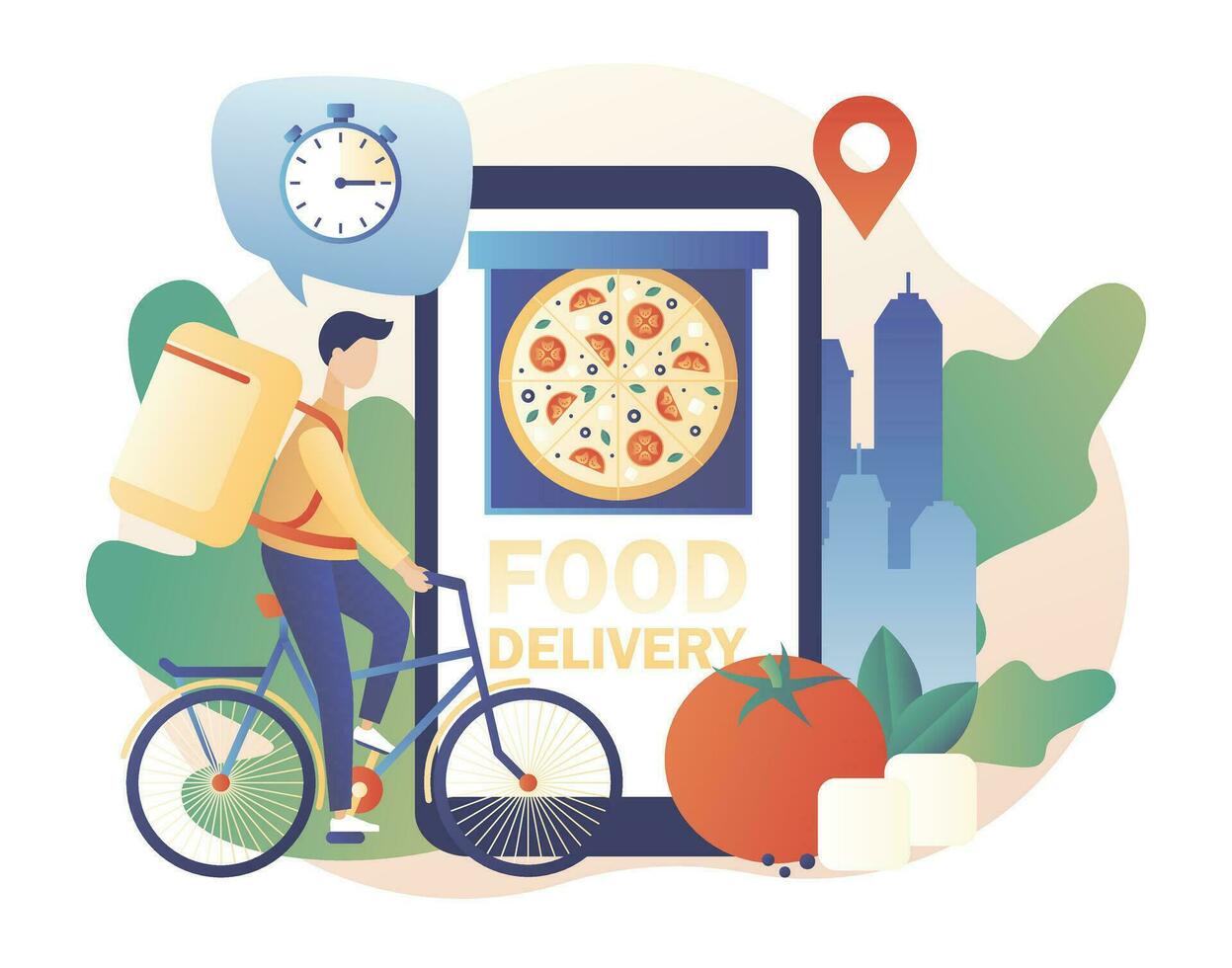 voedsel bestellen online onderhoud. pizza in app Aan smartphone scherm. klein Mens koerier dat levering voedsel. modern vlak tekenfilm stijl. vector illustratie Aan wit achtergrond