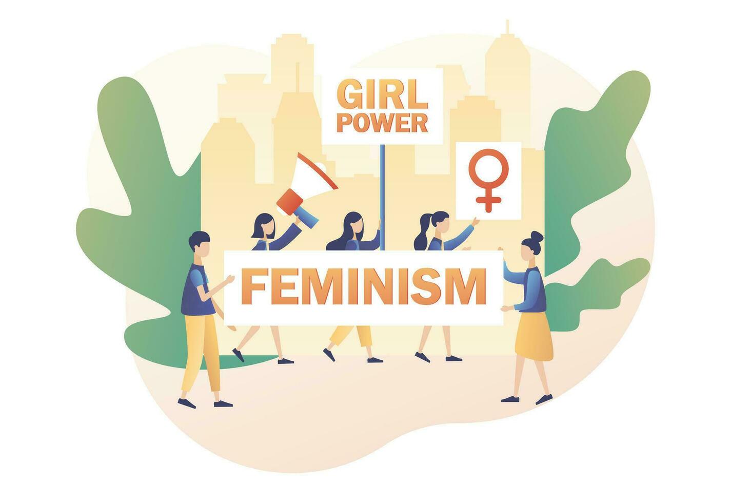 meisje macht en feminisme concept. klein Dames met banier, posters en megafoon. vrouw geslacht symbool. modern vlak tekenfilm stijl. vector illustratie Aan wit achtergrond